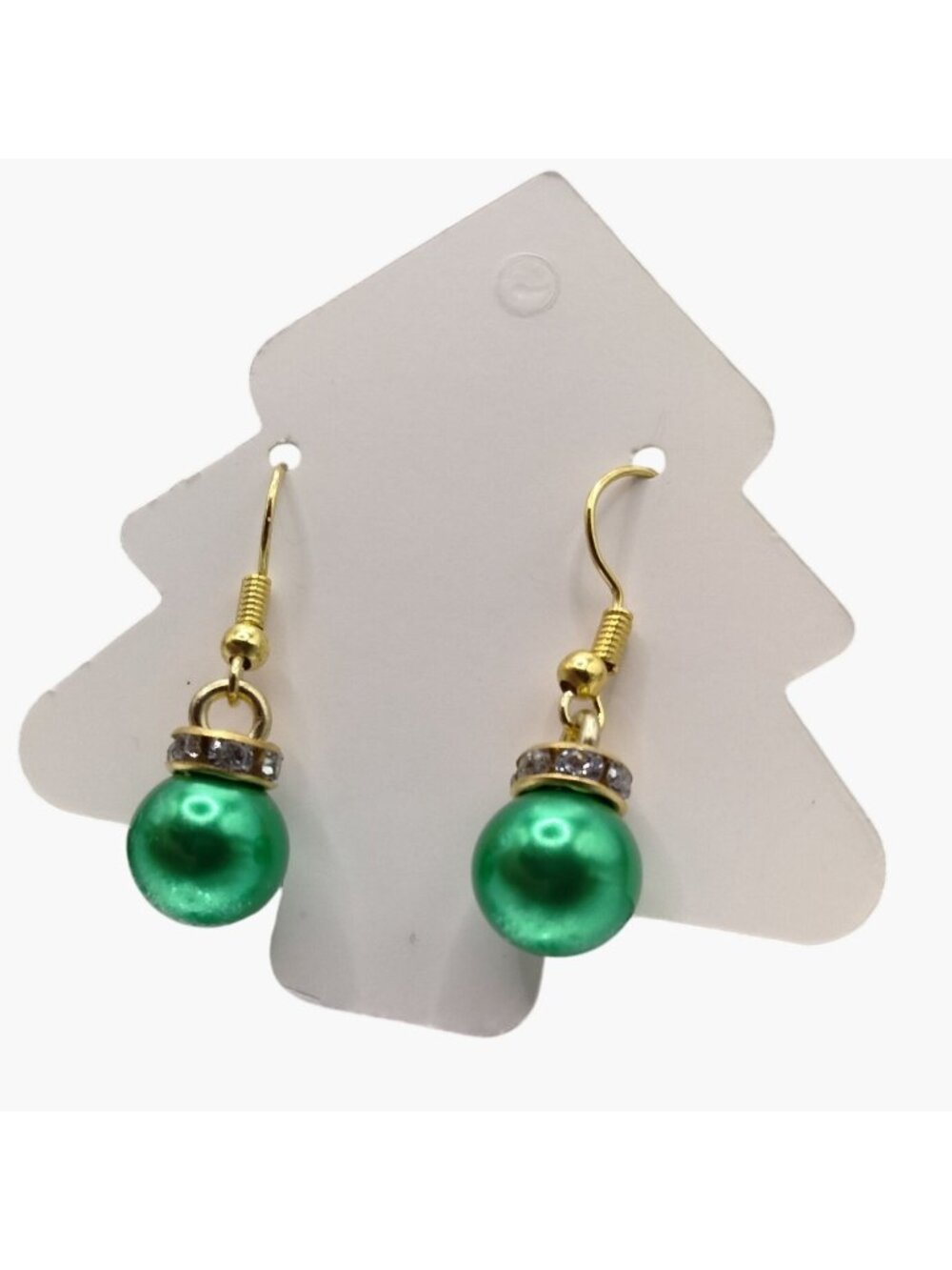 Faux Green Pearl Earrings Crystal Accents Gold Hooks Christmas Ornament